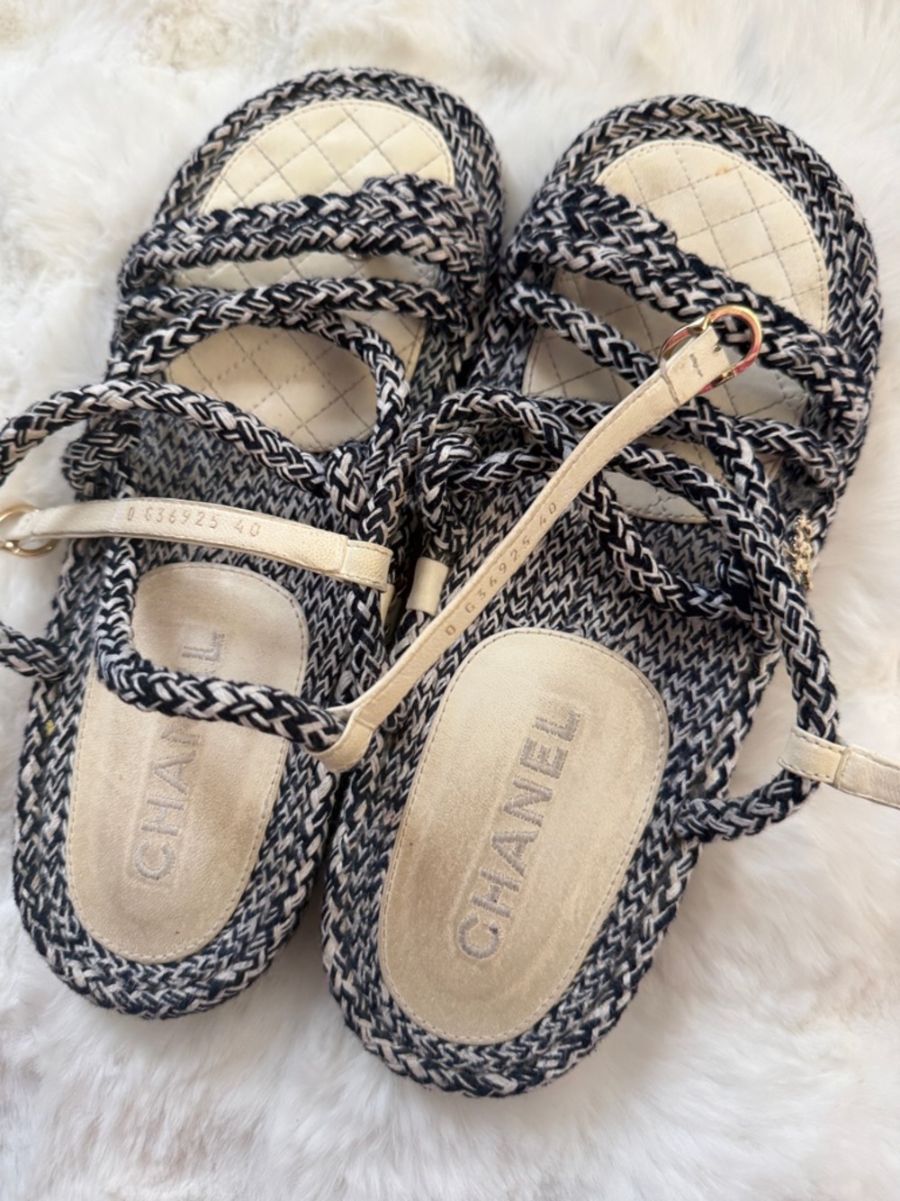 CHANEL Black and Cream Braided Rope Sandals with Ankle Strap